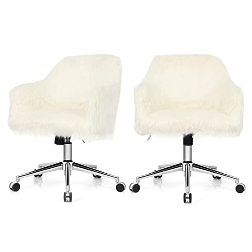 COSTWAY Faux Fur Desk Chair Set of 2, Fluffy Upholstered Swivel Accent Vanity Chair for Makeup with Adjustable Height, Arm Rest, Rolling Leisure Task Chair on Wheels for Home Office, Beige