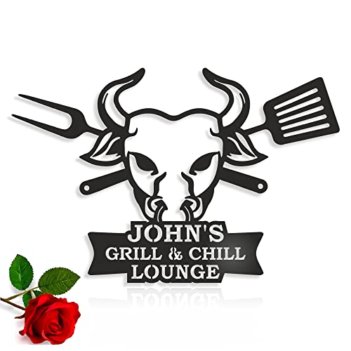 FranJohnsohHouse Personalized Metal BBQ Sign for Porch Grill & Chill Lounge Custom Name Sign BBQ Decorative Metal Wall Sign Father Bull Head Grilling Housewarming Gift Hanging Garden Sign (Design 4)