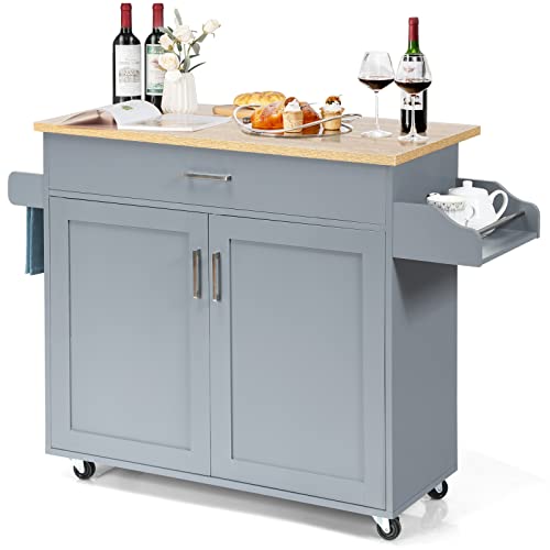 COSTWAY Kitchen Island Cart, Rolling Storage Trolley Cart with Lockable Rubber Wheels, Large Cabinet, Drawer, Spice Rack and Towel Rack, Kitchen Serving Utility, 3-Position Adjustable Shelf (Grey)