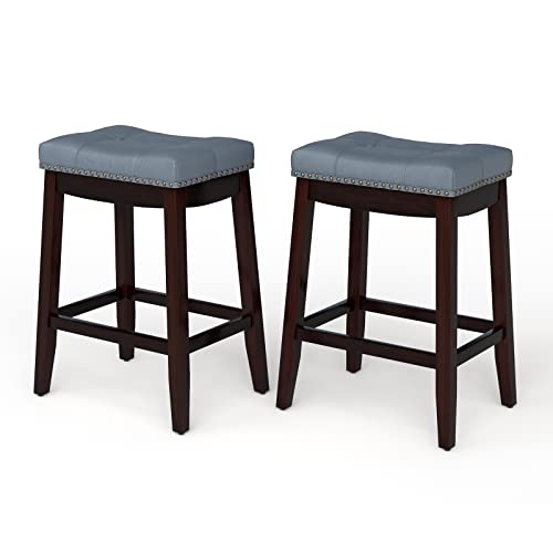 COSTWAY Bar Stools Set of 2, 24-Inch Height Backless Counter Stool with Footrest, Soft Seat Cushion, Wood Legs and Non-Slip Foot Pad, Saddle Stools for Home Kitchen Living Room, Stone Gray+Dark Brown