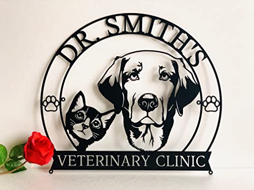 Personalized Veterinarian Sign Custom Name Sign Veterinary Clinic Gift for Vet Door Name Plaque Cat Dog Silhouette, Metal Wall Art, Gift for Men, Women, Personalised Animal Hospital Veterinarian Gift