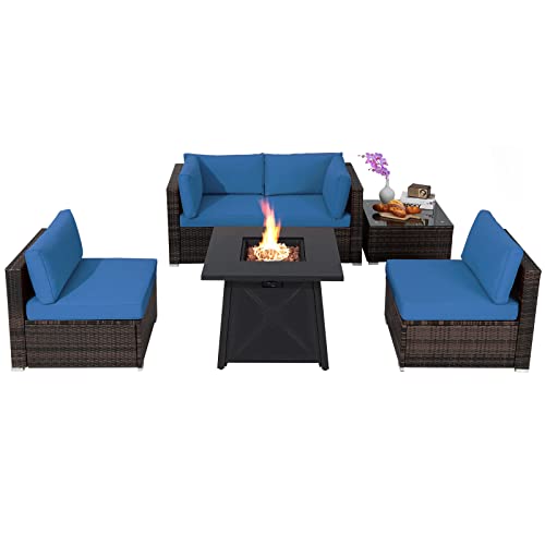 COSTWAY 6PCS Patio Rattan Furniture Set 30" Fire Pit Table W/Cover Cushioned Navy