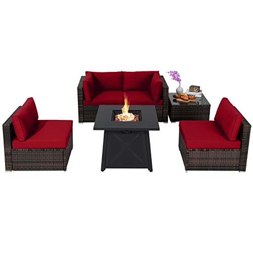 COSTWAY 6PCS Patio Rattan Furniture Set 30" Fire Pit Table W/Cover Cushioned Red