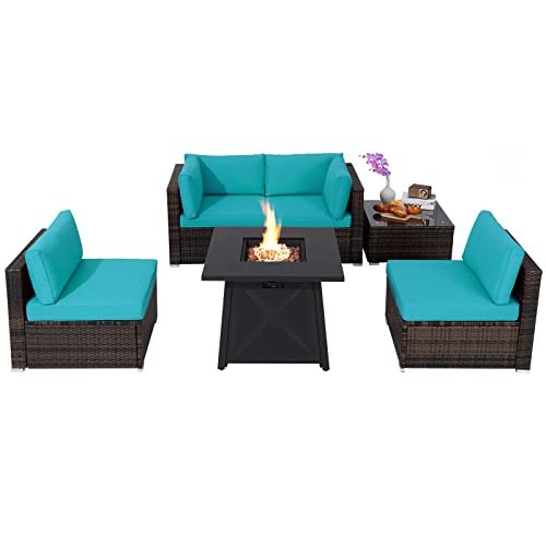 COSTWAY 6PCS Patio Rattan Furniture Set 30" Fire Pit Table W/Cover Cushioned Turquoise