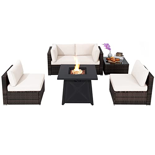 COSTWAY 6PCS Patio Rattan Furniture Set 30" Fire Pit Table W/Cover Cushioned Off White