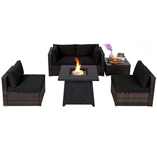 COSTWAY 6PCS Patio Rattan Furniture Set 30" Fire Pit Table W/Cover Cushioned Black