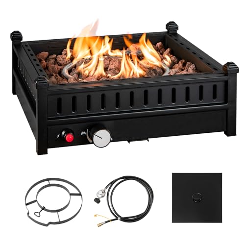 COSTWAY 16.5 Inch Tabletop Propane Fire Pit, 40,000 BTU Outdoor w/Removable Lid, Simple Igniting System, Lava Rocks & Tank Seat Included, Ideal for Tables w/ 2" Umbrella Hole