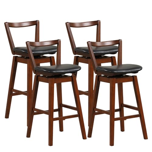 COSTWAY Bar Stool Set of 4, 30.5Ó Swivel Upholstered PU Leather Stool with Hollow Backrest & Cushioned Seat, Solid Rubber Wood Legs & Footrests, Breakfast, for Kitchen Island, Bar (4, 30.5 Inch)