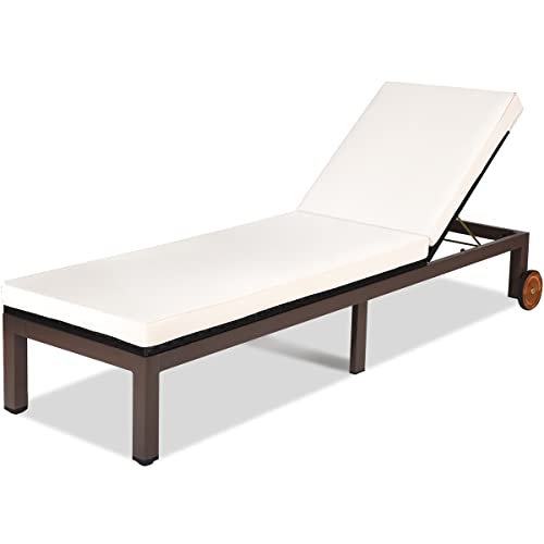 COSTWAY Patio Rattan Lounge Chair Chaise Recliner Back Adjustable Cushioned W/Wheels White