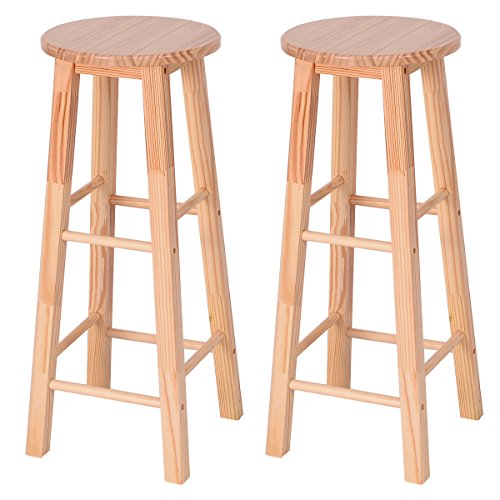 COSTWAY Bar Stool, Natural Wood Counter Height Bistro Square Leg high stools, Pine Natural Finish high Stool for Kitchen Counter, Set of 2 (29")