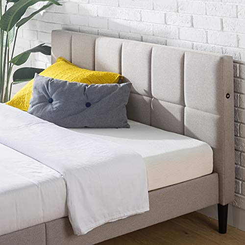 ZINUS Lottie Upholstered Platform Bed Frame with Short Headboard and USB Ports / Mattress Foundation / Wood Slat Support / No Box Spring Needed / Easy Assembly, Beige, Twin