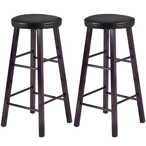 COSTWAY Metal PU Seat Bar Stools Set of 2 with Square Legs Kitchen Pub Dining Chair Furniture, 27-Inch