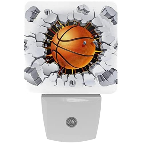 2 Pack Plug-in Nightlight LED Night Light Basketball and Old Plaster Wall Damage Illustration, Dusk-to-Dawn Sensor for Kid's Room Bathroom, Nursery, Kitchen, Hallway