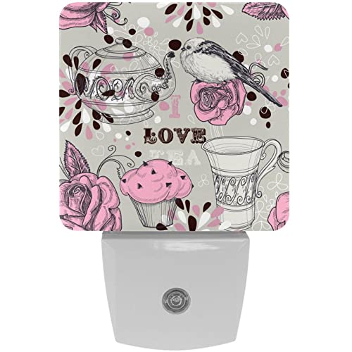 2 Pack Plug-in Nightlight LED Night Light Vintage Tea Cup Pat Print, Dusk-to-Dawn Sensor for Kid's Room Bathroom, Nursery, Kitchen, Hallway