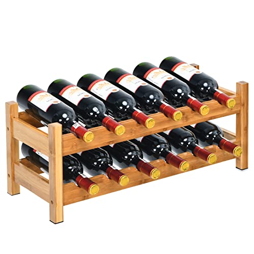 COSTWAY Wine Rack, Bamboo 12 Bottles 2-Tier Wine Display Rack for Countertop Home Kitchen Pantry, Free Standing Wine Storage, Rack Tabletop Wine Rack (Bamboo)