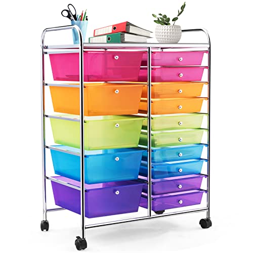 COSTWAY 15 Drawer Rolling Storage Cart, Multipurpose Mobile Storage Organizer w/Removable Drawers & Metal Frame, Utility Tools Paper Organizer on Wheels for Home, Office (Rainbow)