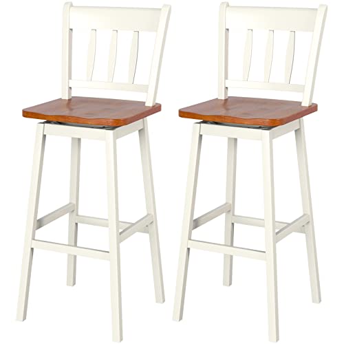 COSTWAY Bar Stools Set of 2, 30.5 Inch Rubber Wood Bar Chairs with 360¡Swiveling, Footrest, Swivel Pub Height Barstools Ideal for Kitchen Island, Counter, Pub or Bar (2, White)