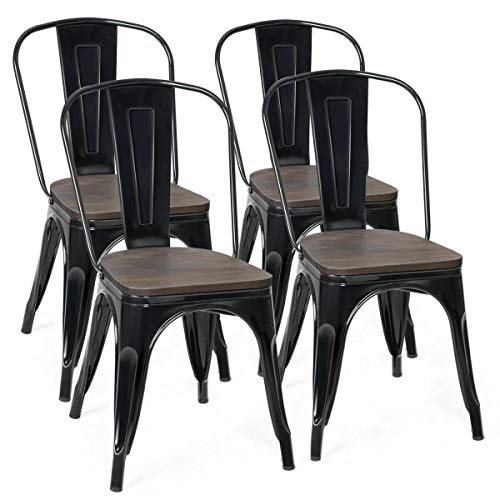 COSTWAY 18 Inch Dining Chair Set of 4, Industrial Vintage Stackable Metal Stools, Counter Bar Stools with High Backrest, Wood Seat, for Home, Kitchen and Cafe Bar Use