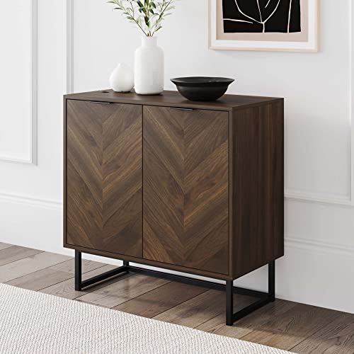 Nathan James Enloe Modern Sideboard Buffet, 32 inch Storage Accent Cabinet with Doors in a Rustic Finish and Matte Metal Base for Hallway, Entryway, Kitchen or Living Room, Walnut/Black