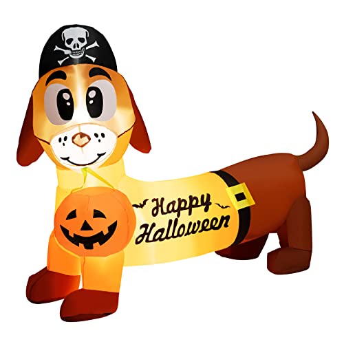 COSTWAY 5.5 FT Halloween Inflatable Dachshund Blow-up Dog with Pirate Hat & Pumpkin