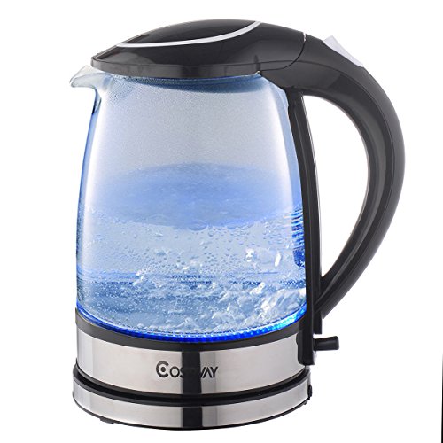 Costway 1500W 2.0 L Capacity Electric Glass Kettle Hot Water with Blue LED Light