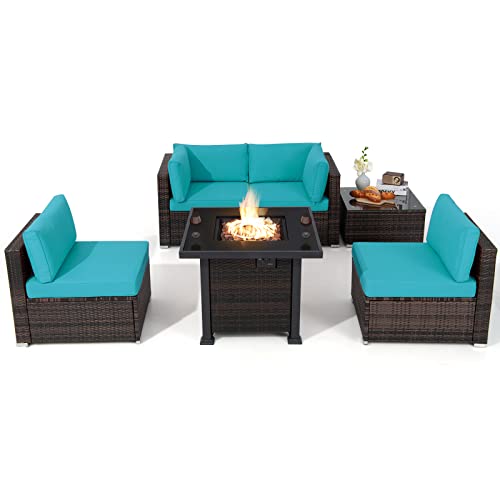 COSTWAY 6PCS Patio Rattan Furniture Set 32" Fire Pit Table W/Cover Cushioned Turquoise