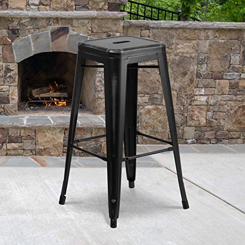 Flash Furniture Kai Commercial Grade 4 Pack 30" High Backless Distressed Black Metal Indoor-Outdoor Barstool