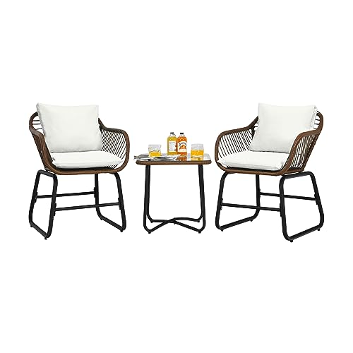 COSTWAY 3PCS Patio Rattan Bistro Set Cushioned Chair Glass Table Deck White