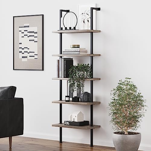 Nathan James Theo 5-Shelf Wood Modern Bookcase, Open Wall Mount Ladder Bookshelf with Industrial Metal Frame, Gray Oak/Black