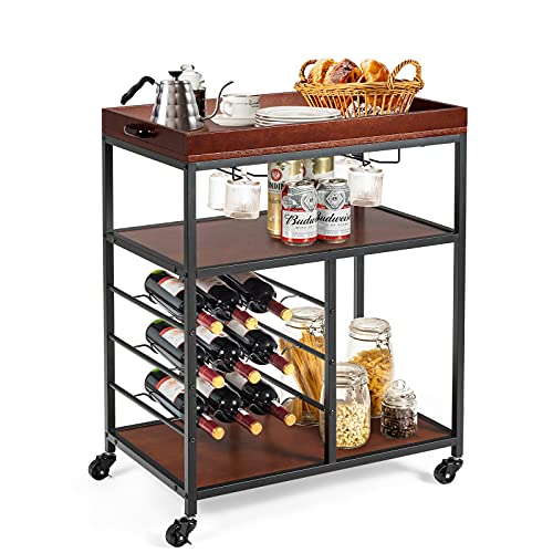 COSTWAY Kitchen Rolling Island Cart, with 9-Bottle Wine Racks & Glass Holders, Utility Beverage Cart Trolley with Lockable Wheels for Home Kitchen, Wooden and Metal Frame, Rustic Brown