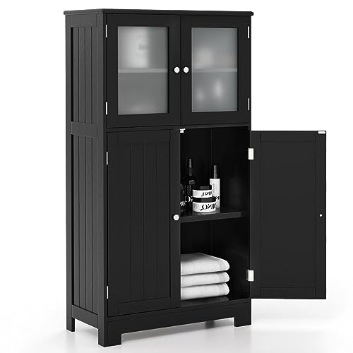 COSTWAY Bathroom Storage Cabinet, Wooden Linen Storage Organizer Cupboard with Doors & Adjustable Shelf, Freestanding Floor Cabinet for Living Room, Kitchen, Entryway, Office (Black)