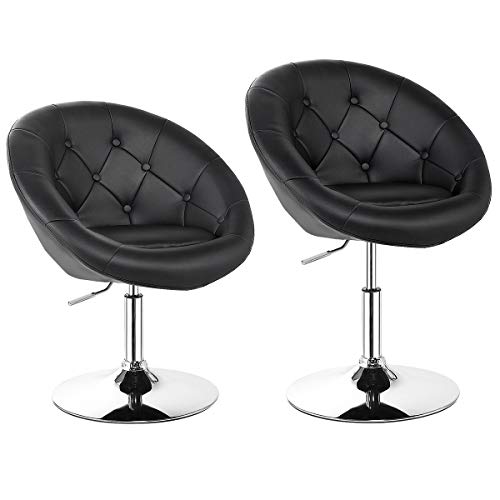 COSTWAY Vanity Chair, Set of 2 Contemporary Height Adjustable Makeup Chair with Chrome Frame, Tufted Round-Back, Modern Swivel Accent Chair for Lounge, Pub, Bar, Black