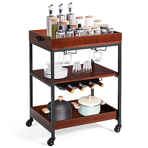 COSTWAY Kitchen Rolling Island Cart, 3-Tier Rolling Bar Serving Cart with Wine Rack & Glass Holders, Industrial BakerÕs Rack on Wheels, Convenient Handle, Brown