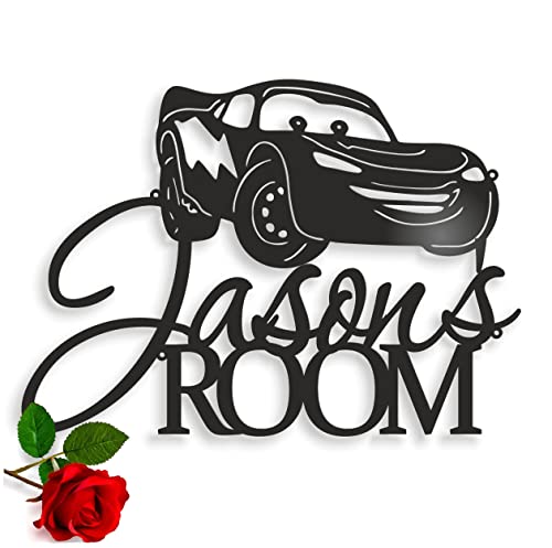 Personalized Car Silhouette Metal Wall Name Sign Lightning McQueen Custom Metal Wall Art Geometric Hanging Plaque Children's Bedroom Door Nursery Decor Pixar Cartoon Birthday Present Gift for Boys