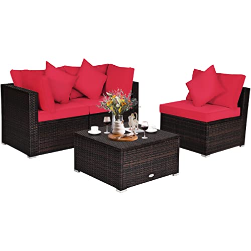 COSTWAY 4PCS Patio Rattan Wicker Furniture Set Cushioned Sofa Ottoman Garden Deck Red