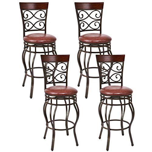 COSTWAY Bar Stools Set of 4, 360 Degree Swivel, 30" Bar Height Bar stools, with Leather Padded Seat Bistro Dining Kitchen Pub Metal Vintage Chairs with Back (Set of 4)