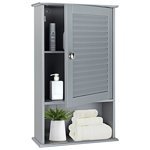 COSTWAY Bathroom Wall Cabinet, Large Capacity Storage Cabinet w/Single Louver Door & Height Adjustable Shelf, Wood Wall Mounted Medicine Cabinet for Bathroom, Living Room, Kitchen (Grey)