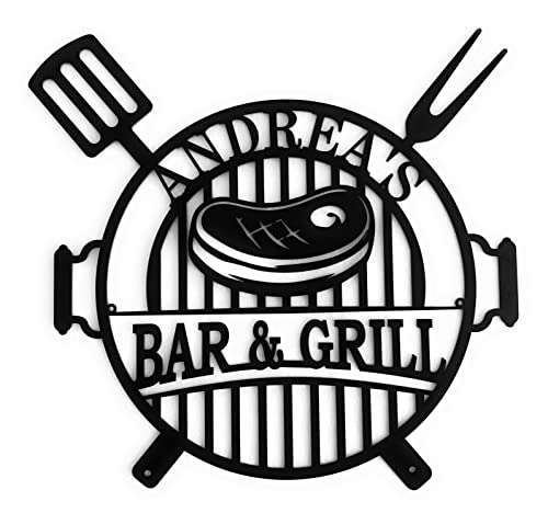 Personalized Bar and Grill Name Sign BBQ Zone, Grilling Custom Metal Retro Kitchen Barbecue Tavern Decor (Design 1)