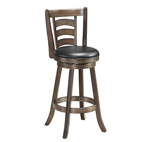 COSTWAY Vintage Bar Stools, Accent Rubber Wooden Swivel Bar Backed Dining Chair, Fabric Upholstered 360 Degree Swivel,Cushioned Seat, Perfect for Dining and Living Room (Height 29")