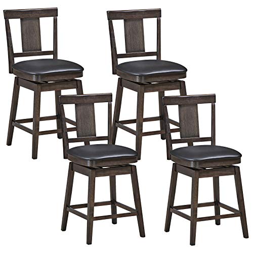 COSTWAY Bar Stools Set of 4, 360 Degree Swivel, Wooden Counter Height Bar Stool, Leather Padded Seat, Single Slat Back & Solid Rubber Wood Legs, Upholstered Stool for Dining and Living Room (4, 24)