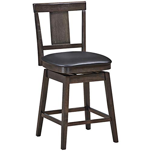 COSTWAY Bar Stools, 360 Degree Swivel, Classic Wooden Counter Height Bar Stool, Leather Padded Seat, Single Slat Back & Solid Rubber Wood Legs, Upholstered Stool for Dining and Living Room (1, 24)