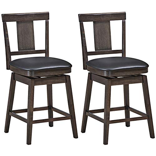 COSTWAY Bar Stools Set of 2, 360 Degree Swivel, Wooden Counter Height Bar Stool, Leather Padded Seat, Single Slat Back & Solid Rubber Wood Legs, Upholstered Stool for Dining and Living Room (2, 24)