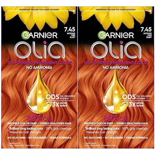 Garnier Hair Color Olia Ammonia-Free Brilliant Color Oil-Rich Permanent Hair Dye, 7.45 Dark Fire Ruby, 2 Count (Packaging May Vary)