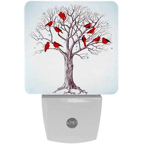 2 Pack Plug-in Nightlight LED Night Light Winter Tree with Birds Illustration, Dusk-to-Dawn Sensor for Kid's Room Bathroom, Nursery, Kitchen, Hallway