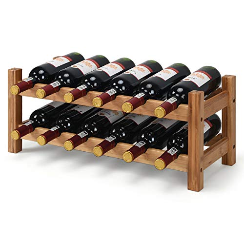 COSTWAY Wine Rack, Bamboo 12 Bottles 2-Tier Wine Display Rack for Countertop Home Kitchen Pantry, Free Standing Wine Storage, Rack Tabletop Wine Rack (Nature)