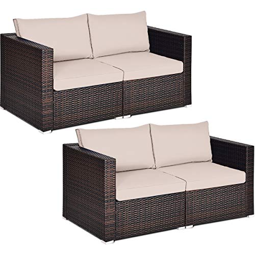 COSTWAY 4PCS Patio Rattan Corner Sofa Sectional Conversation Set Beige Cushion