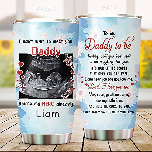 Personalized To My Daddy To Be Stainless Steel Tumbler From Baby Bump With Name Light Blue Travel Tumbler 20oz With Lid For New Dad Custom Ultrasound Lovely Gifts For Fathers Day Birthday