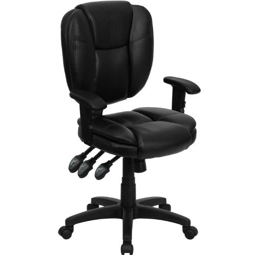 Flash Furniture Caroline Mid-Back Black LeatherSoft Multifunction Swivel Ergonomic Task Office Chair with Pillow Top Cushioning and Arms