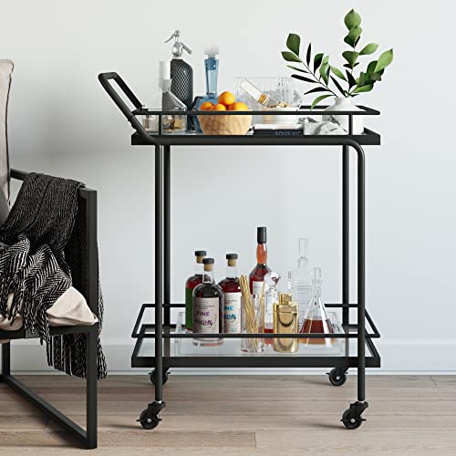 Nathan James Sally Rolling Bar or Cart for Tea or Cocktail, 2-Tiered Glass and Metal, Black