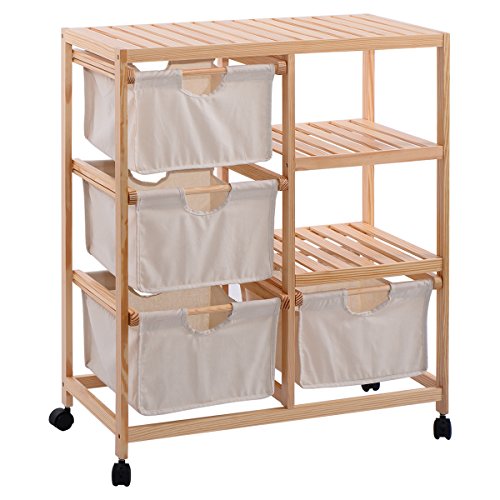 COSTWAY Wood Hamper Storage Shelf Cart Fabric Basket Drawers Home Laundry Furniture Rolling Organizer, Wood & White